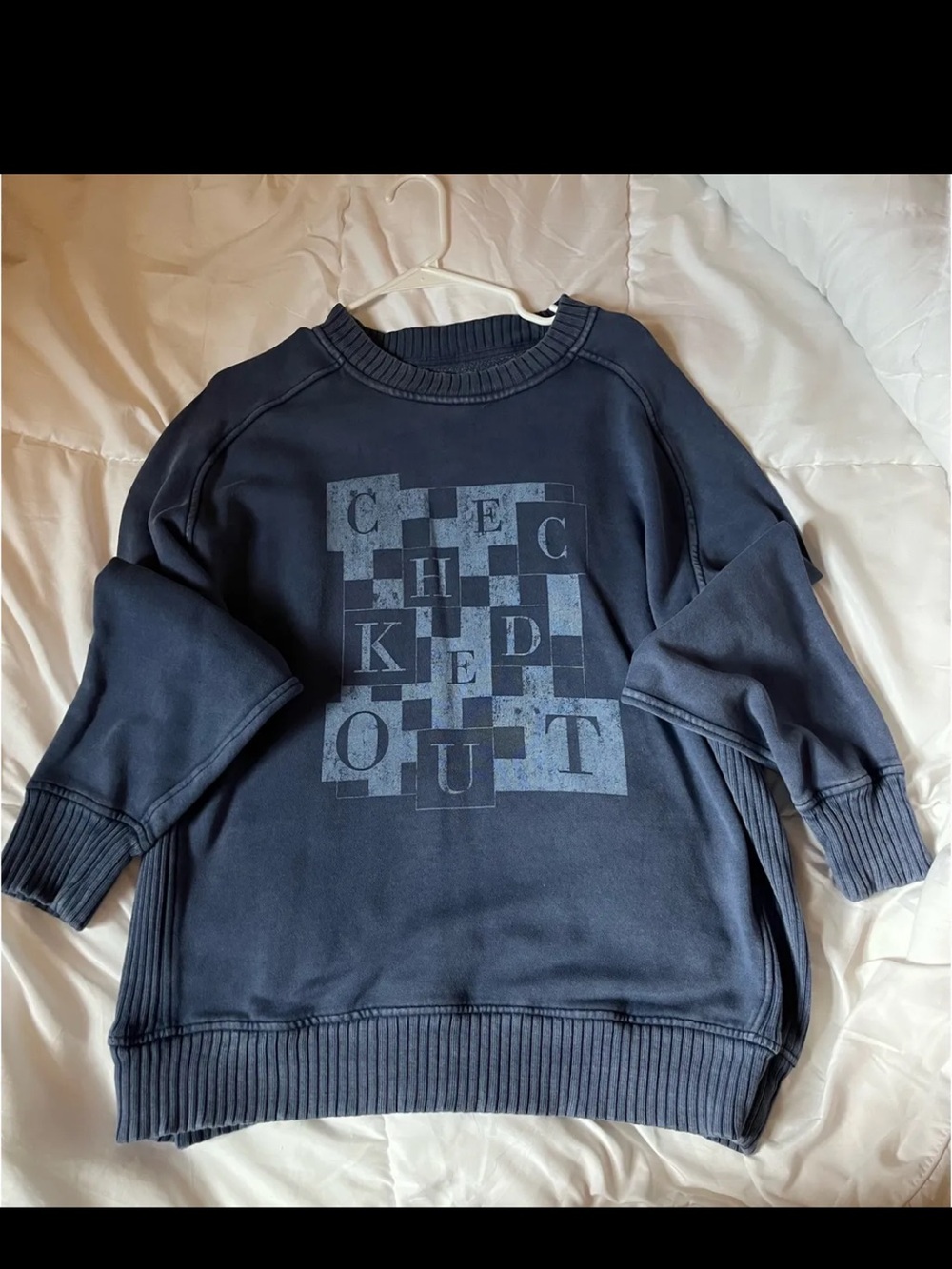 aerie Navy Graphic Checkerboard Crewneck Sweatshirt